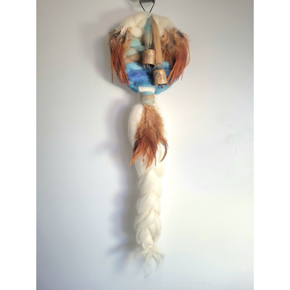 Vintage Native American MANDALA Dream Catcher wool Feathers Bell wall hanging